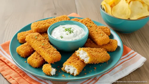 Tirinhas de peixe crocante com maionese de ervas e chips de mandioca