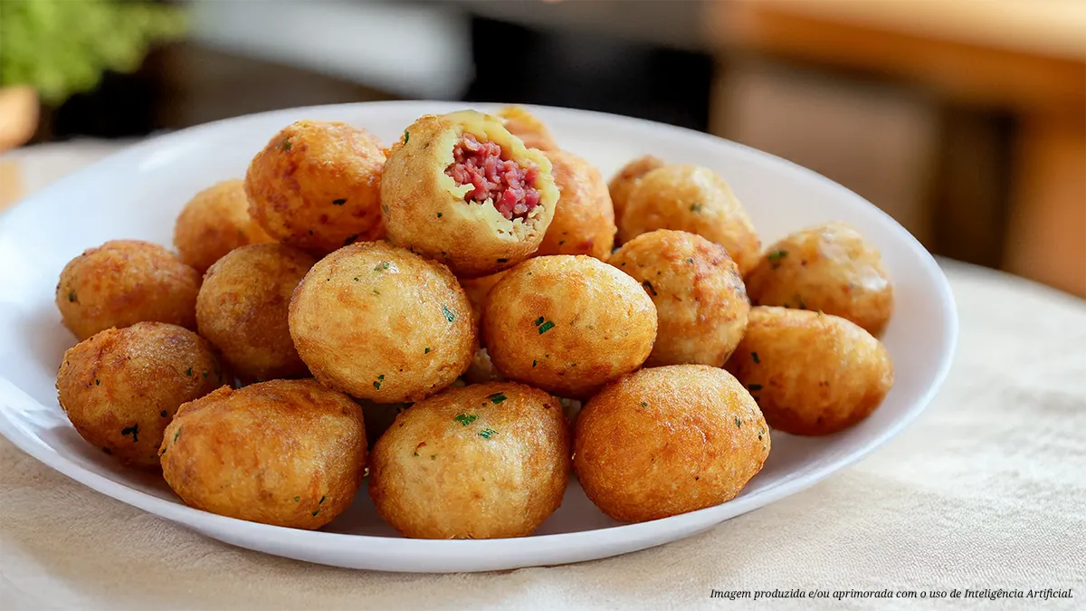Bolinho de mandioca recheado com linguiça fininha e requeijão