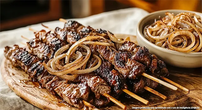 Uma porção de espetinhos de carne bovina, com uma cor escura e brilhante, cobertos com fatias de cebola roxa caramelizada. Os espetinhos estão dispostos em uma tábua de madeira, e uma tigela com mais cebola é visível ao lado.