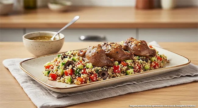 Um prato com moela de frango é exibido ao lado de uma salada de quinoa, onde se pode identificar os grãos da quinoa misturados com pedaços de vegetais e temperos.