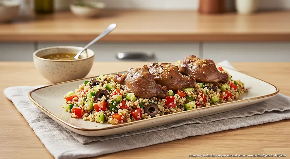 Um prato com moela de frango é exibido ao lado de uma salada de quinoa, onde se pode identificar os grãos da quinoa misturados com pedaços de vegetais e temperos.