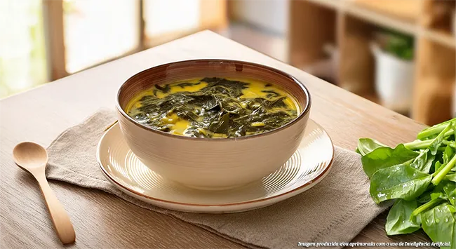 Bredo da Semana Santa servido em uma tigela de cerâmica clara com detalhes em marrom, colocada sobre um prato e um tecido bege. Uma colher de pau e um grupo de folhas verdes completam a cena