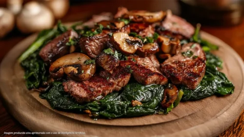 Churrasco de Picanha Maturada em Tiras com Mix de Cogumelos e Espinafre