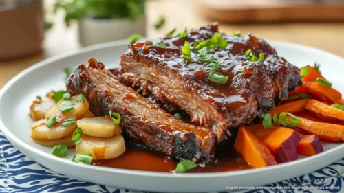 Costela com daikon, cenoura e batata doce