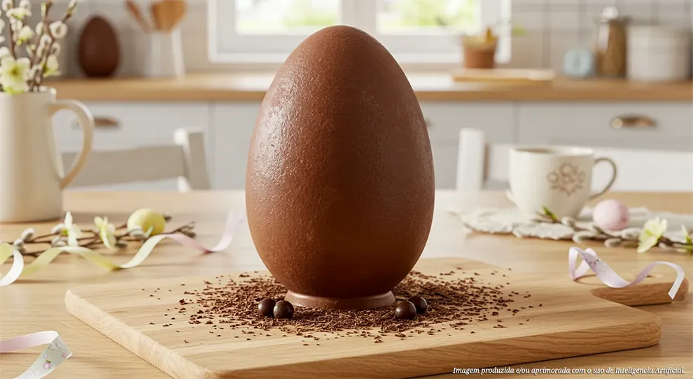 Um grande Ovo de páscoa de chocolate ao leite centralizado sobre uma base de raspas de chocolate em uma tábua clara. Detalhes de decoração festiva e utensílios de cozinha compõem o cenário.
