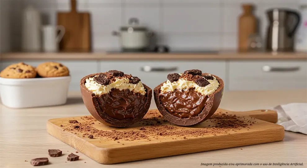 Metades de um ovo de Páscoa de chocolate ao leite com um recheio de creme branco e pedaços de biscoito, apresentadas em uma tábua de madeira coberta com cacau. Ao lado, pedaços de chocolate e, ao fundo, biscoitos em uma tigela em uma cozinha.