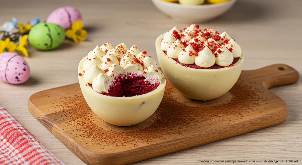 Metades de dois ovos de Páscoa de chocolate branco com recheio de bolo red velvet e cobertura de creme branco salpicado de vermelho, apresentadas em uma tábua de madeira com cacau em pó. Uma toalha quadriculada vermelha e branca está no canto inferior esquerdo.