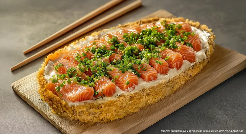 Um prato criativo de Páscoa que se assemelha a um ovo, feito de uma crosta de arroz frito, recheado com uma camada branca cremosa e adornado com fatias de salmão laranja vibrante e cebolinha verde picada, servido em uma tábua de madeira com hashis.