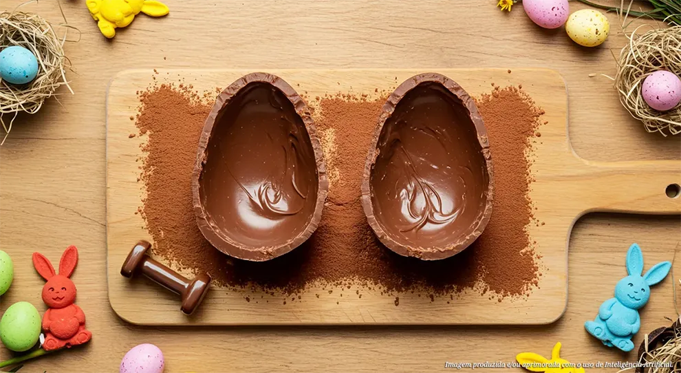 Um ovo de Páscoa de chocolate ao leite, dividido em duas metades ocas, apresentado sobre uma tábua de madeira com cacau em pó. Uma barra de proteína de chocolate modelada como um haltere está colocada ao lado. A cena é adornada com decorações pascais, como ovos pintados em cestas de palha e coelhinhos de borracha em cores alegres, sobre um fundo de madeira.