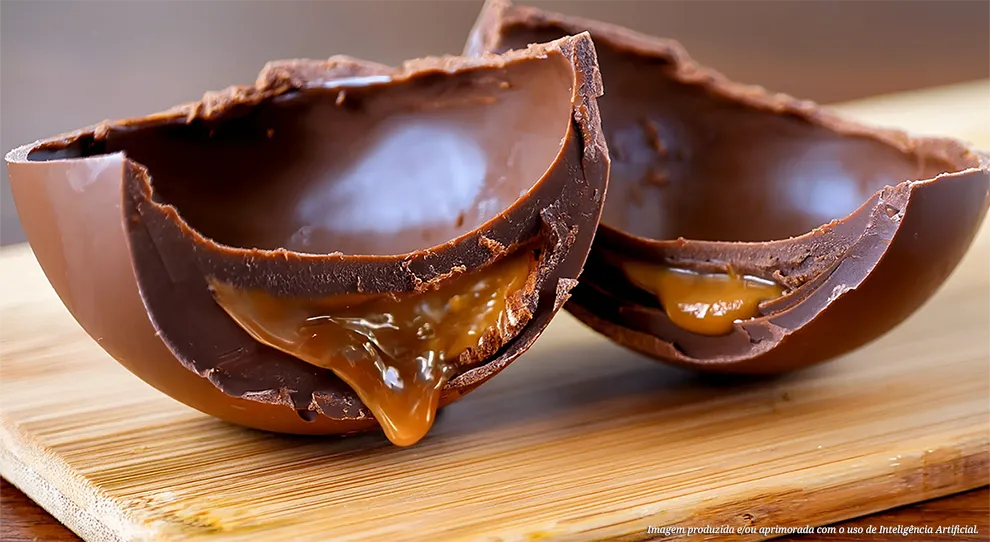Um ovo de Páscoa de chocolate ao leite, dividido em duas metades, com um recheio abundante de caramelo salgado de cor âmbar. As metades repousam sobre uma tábua de madeira, com o caramelo criando um efeito visual apetitoso.