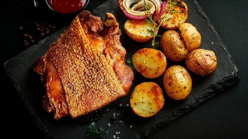 Joelho de porco rústico com batatas e cebolas