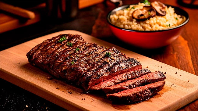 Fraldinha grelhada no ponto perfeito, suculenta e temperada, acompanhada de risoto cremoso de cogumelos. Uma combinação irresistível que une sabor intenso e textura macia, ideal para uma refeição especial.
