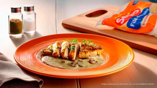 Filé de peito de frango com molho cremoso de cogumelos