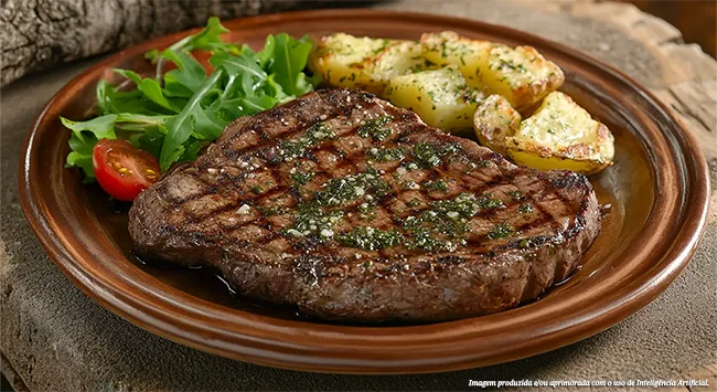 Apresentação de um bife de acém grelhado e brilhante, realçado pela manteiga de ervas finas e alho, servido com batatas assadas e temperadas, além de uma pequena salada de rúcula e tomate cereja, em um prato marrom sobre uma superfície de madeira.