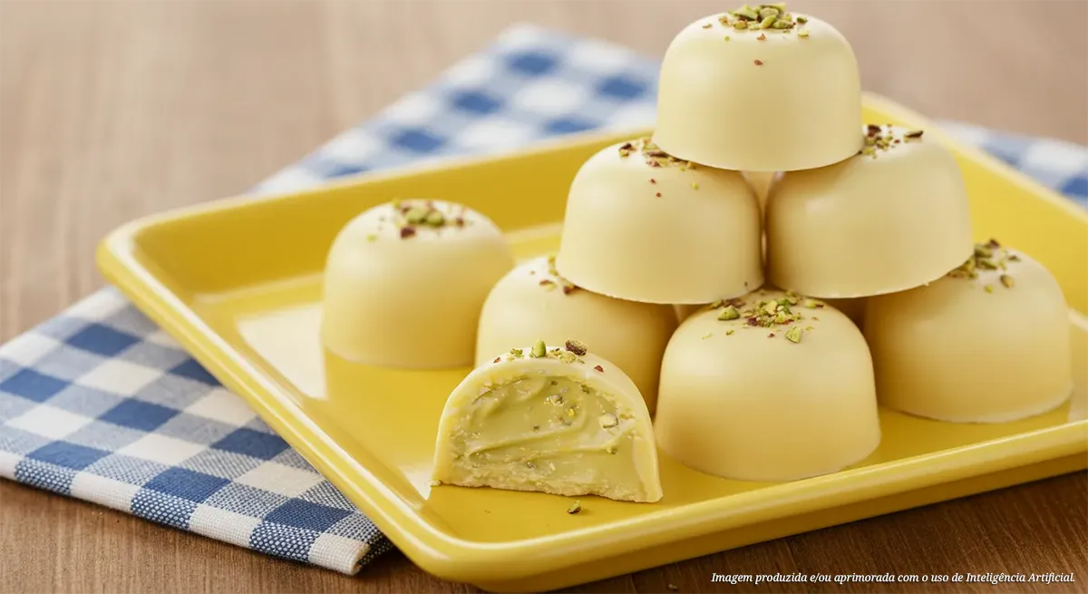 Bombom de chocolate branco com pistache
