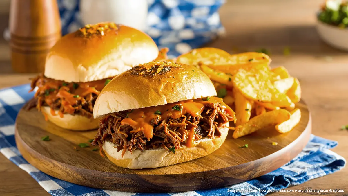Sanduíche de mocotó desfiado ao molho de laranja com batata rústica frita