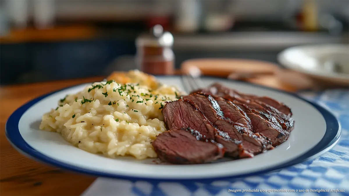 Um prato branco com borda azul exibe fatias de baby beef de alcatra grelhado, acompanhado de um risoto de limão siciliano cremoso e decorado com salsa fresca picada. Um garfo está posicionado sobre o prato em um ambiente com um pano xadrez azul e branco.