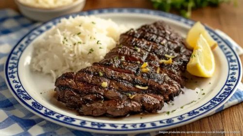 Bife de alcatra ao molho de limão siciliano com arroz branco