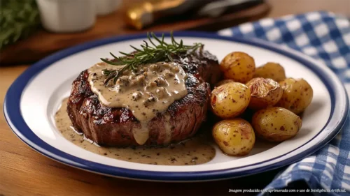 Bife de capa de filé com molho de gorgonzola e batatas assadas