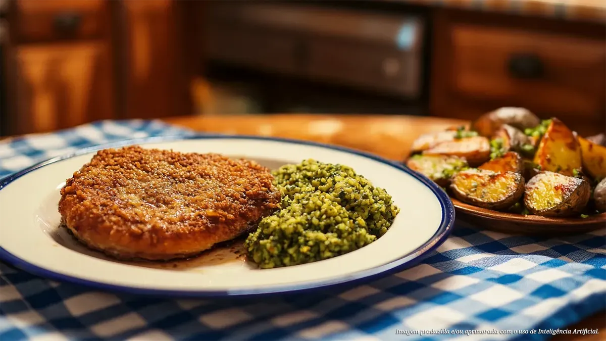 Bife de patinho à milanesa com arroz de brócolis e batata rústica