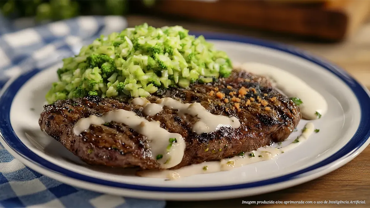 Bife Paris grelhado ao molho de vinho branco com arroz de brócolis e alho crocante