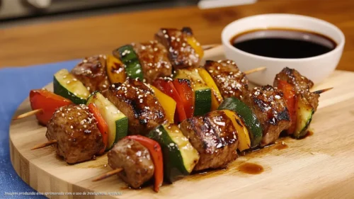 Brochete oriental com legumes grelhados, gergelim e molho teriyaki