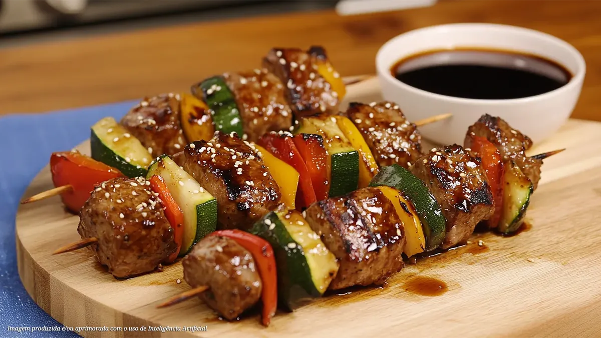 Brochete oriental com legumes grelhados, gergelim e molho teriyaki