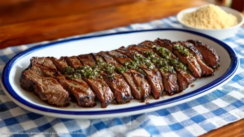 Fraldinha nobre na brasa com molho chimichurri e farofa de alho