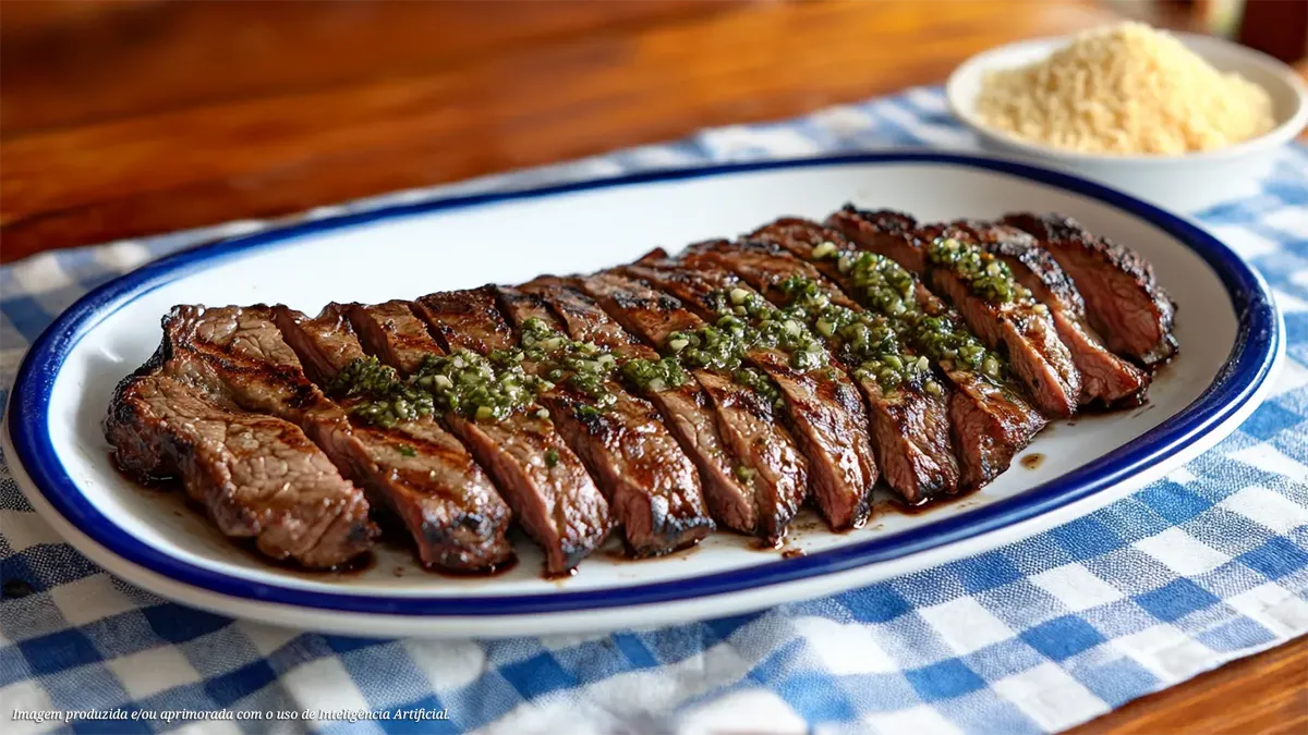 Fraldinha nobre na brasa com molho chimichurri e farofa de alho