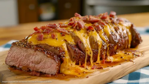 Maminha sanfonada recheada com queijo e bacon ao forno