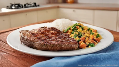 Picanha grelhada com feijão tropeiro e arroz branco
