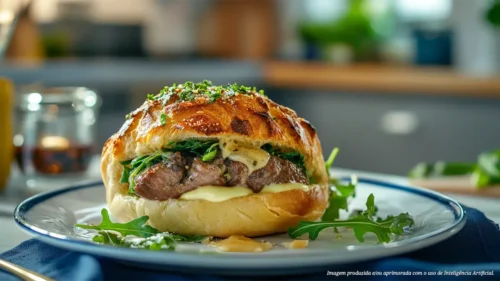 Sanduíche gourmet de flanbeef com manteiga de alho e parmesão