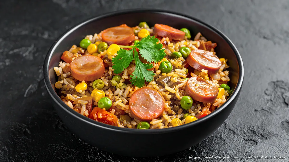 Arroz de salsicha com legumes e molho de soja