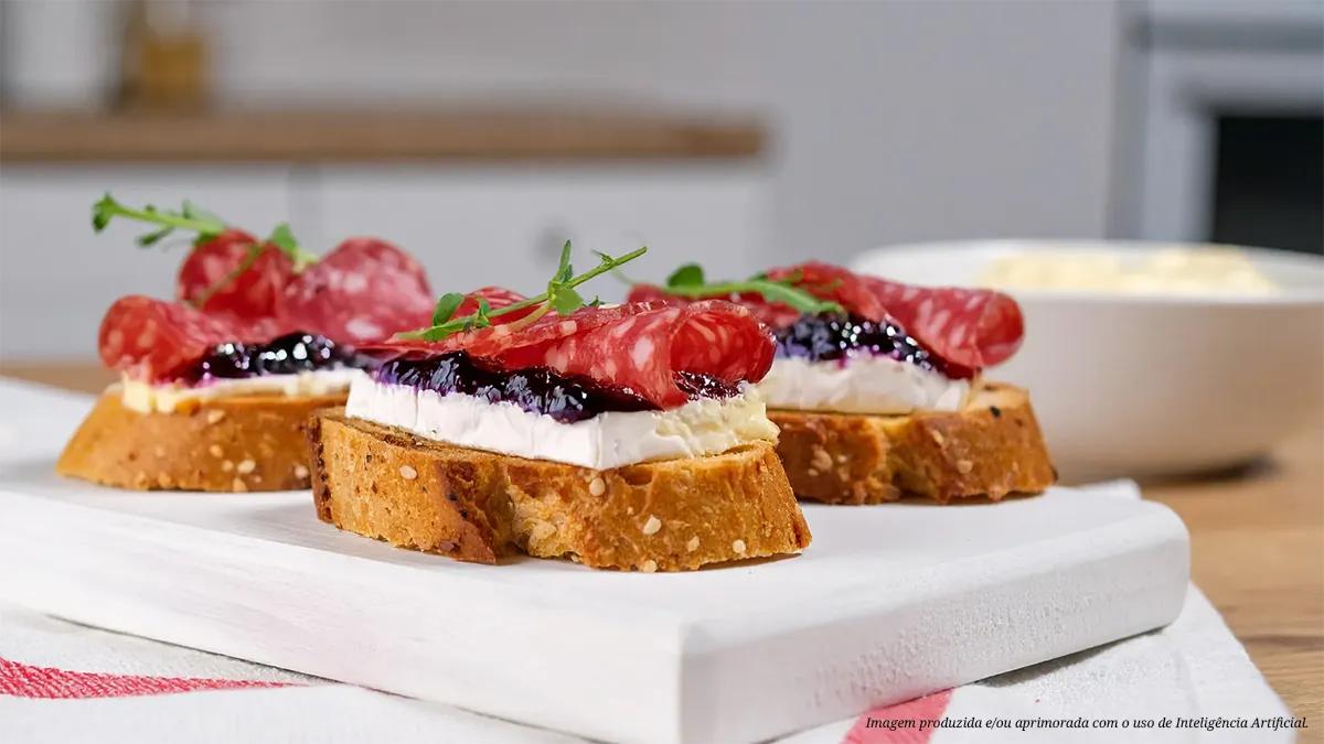 Crostini de queijo brie com salame