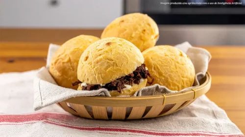 Pão de queijo caseiro com recheio de carne seca e requeijão cremoso
