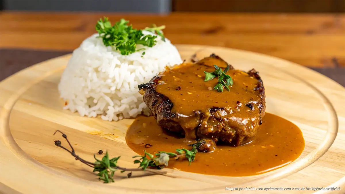 Bife de coração da alcatra com molho de laranja caramelizada e arroz branco