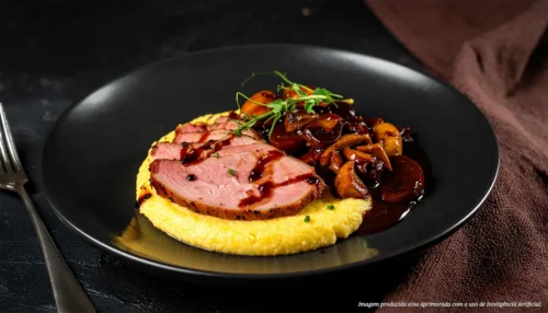 Lombo fatiado com cogumelos e polenta cremosa