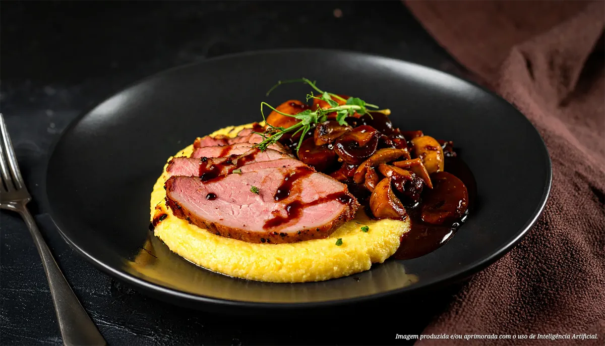 Lombo fatiado com cogumelos e polenta cremosa