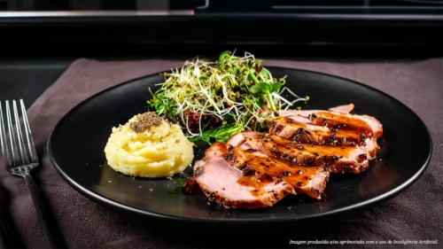 Lombo fatiado com purê trufado e brotos orgânicos