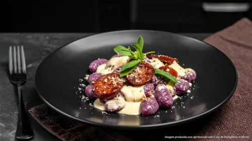 Nhoque de batata roxa ao molho alfredo com linguiça