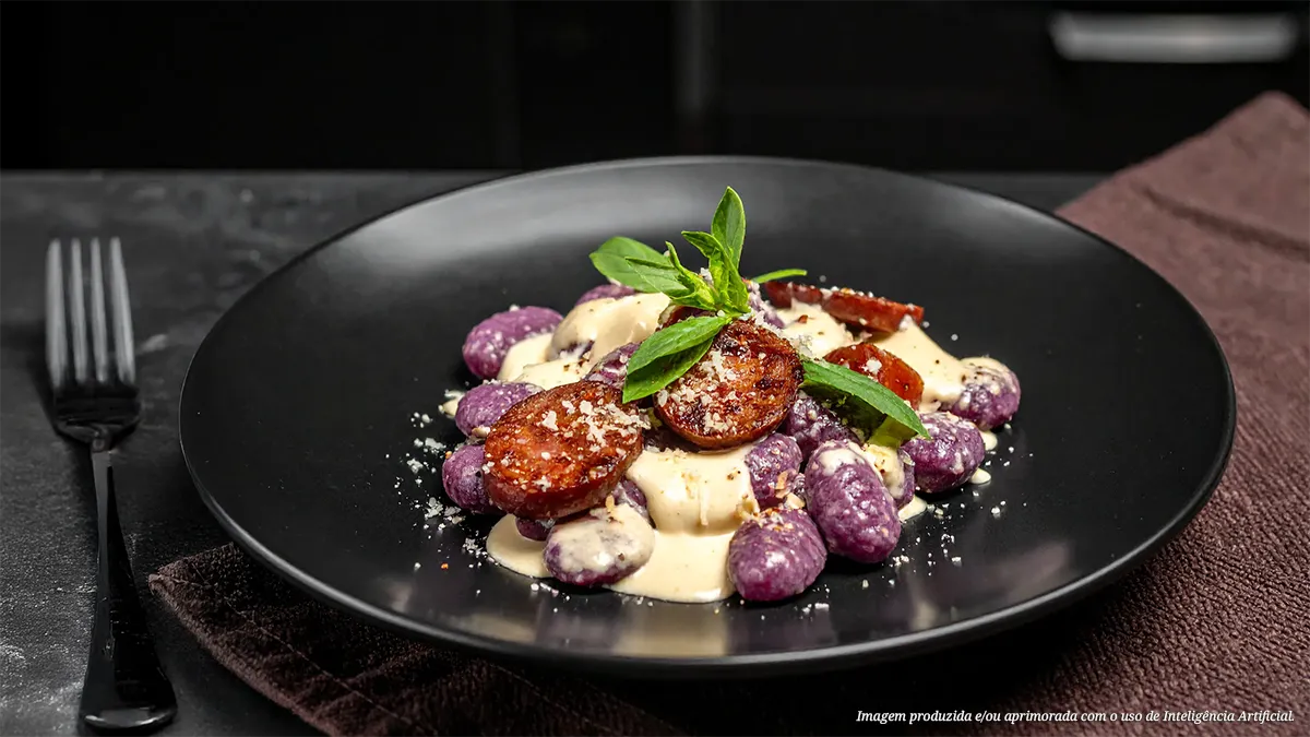 Nhoque de batata roxa ao molho alfredo com linguiça