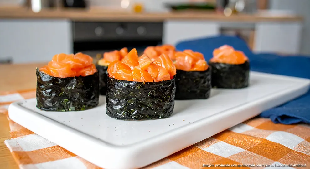 Cinco peças de Gunkan Maki, cada uma consistindo de arroz envolto em nori e coberto com cubos brilhantes de salmão laranja, dispostas em uma travessa branca retangular sobre um pano de cozinha quadriculado laranja e branco com um guardanapo azul ao lado.