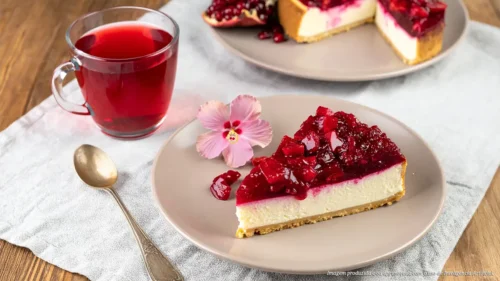 Cheesecake de frutas vermelhas com chá de hibisco