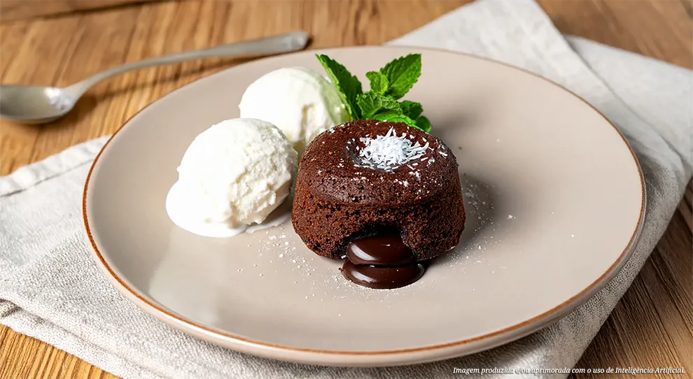 Um petit gateau de chocolate quente e escuro, com o centro líquido de chocolate escorrendo, polvilhado com açúcar de confeiteiro e coco ralado, servido com duas bolas de sorvete de coco branco e um raminho de hortelã fresca em um prato bege, com uma colher de prata ao lado.
