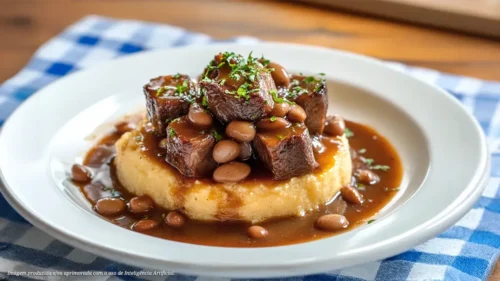 Músculo e fava no caldo de cana com polenta