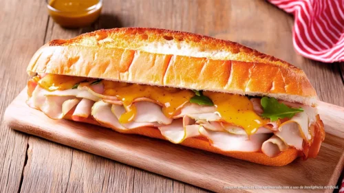 Sanduíche de peito de frango defumado com molho de mostarda e mel