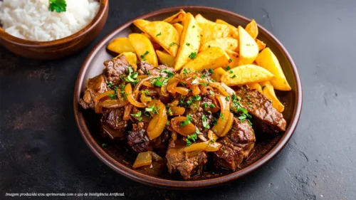 Peixinho grelhado com molho de cebola caramelizada e batatas rústicas