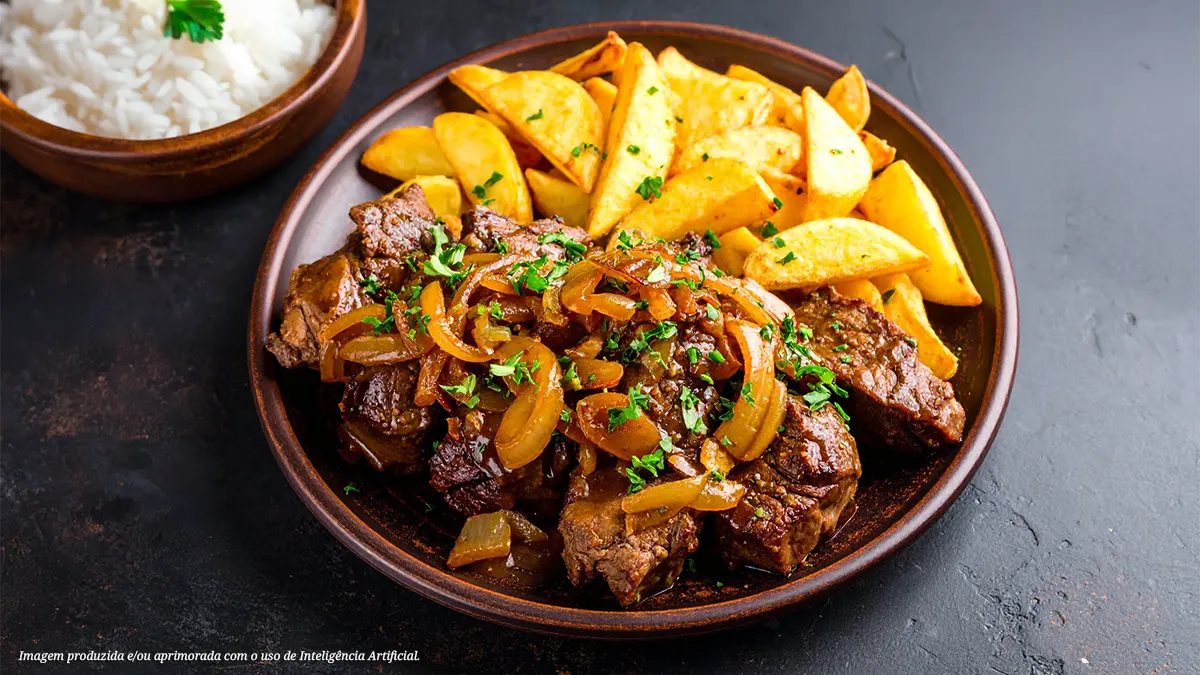 Peixinho grelhado com molho de cebola caramelizada e batatas rústicas