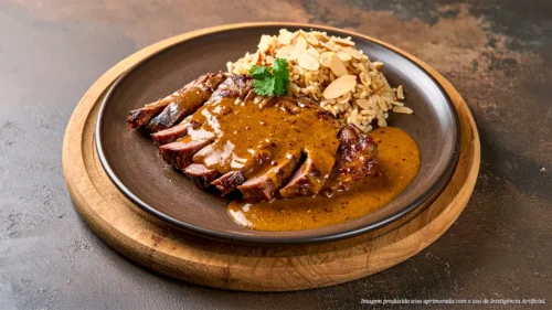 Raquete bovina ao curry com arroz de amêndoas