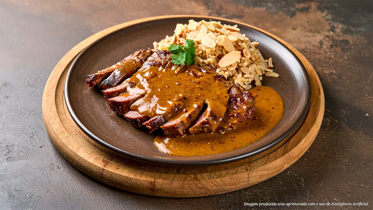 Raquete bovina ao curry com arroz de amêndoas